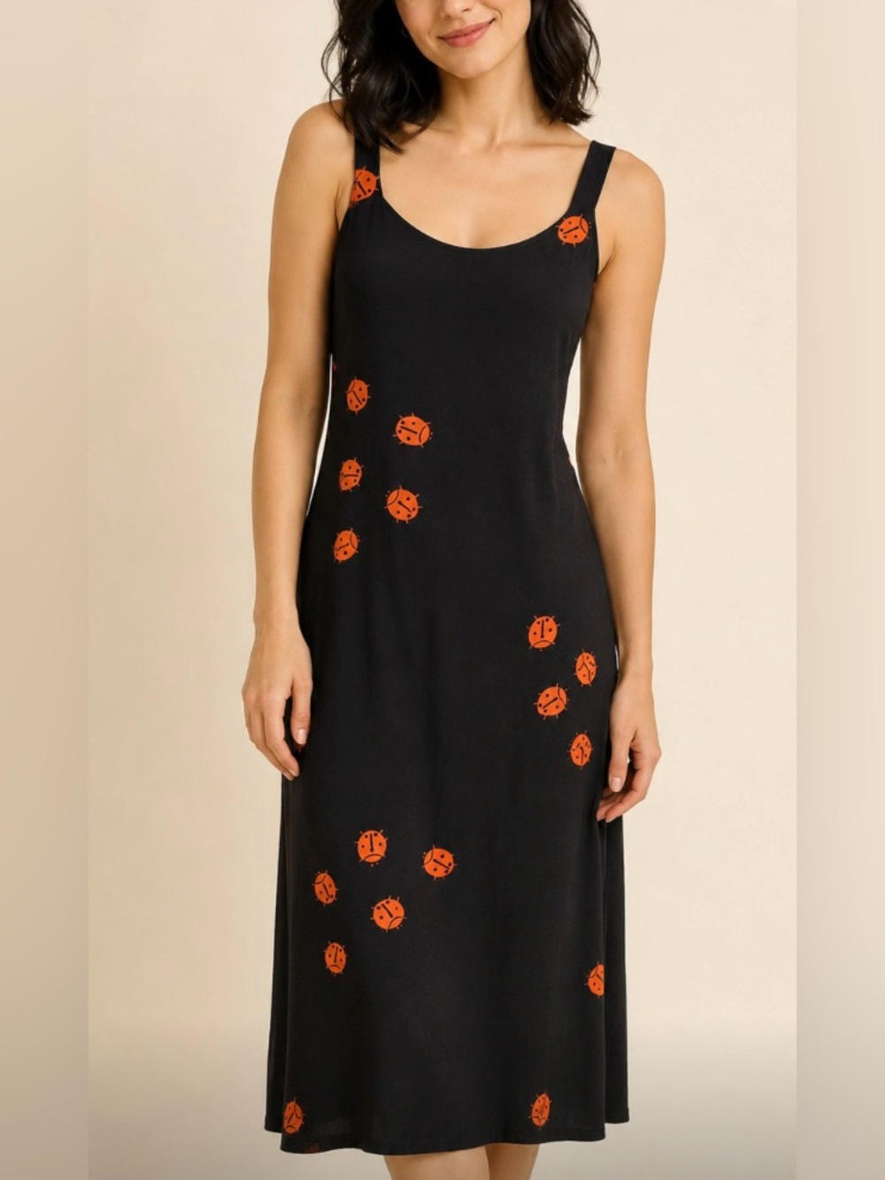 Black Slip Midi Dress with Orange Ladybug Print